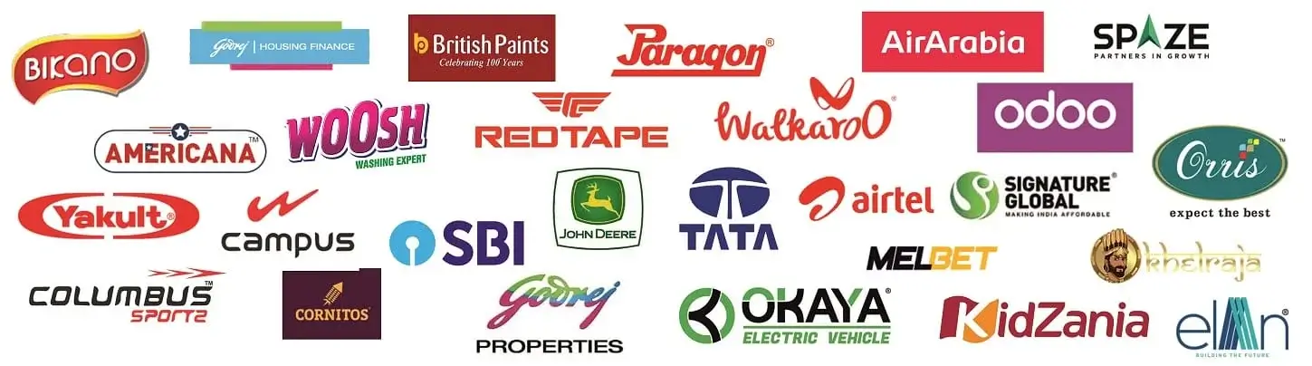 "A collection of brand logos, including Bikano, Godrej, Paragon, Air Arabia, Spaze, Americana, Woosh, Red Tape, Walkaroo, Odoo, Oris, Yakult, SBI, Tata, Airtel, Columbus Sports, Cornitos, and more."