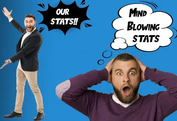 "Two men expressing excitement and surprise, with speech bubbles saying 'OUR STATS!!' and 'MIND BLOWING STATS,' against a vibrant blue background.