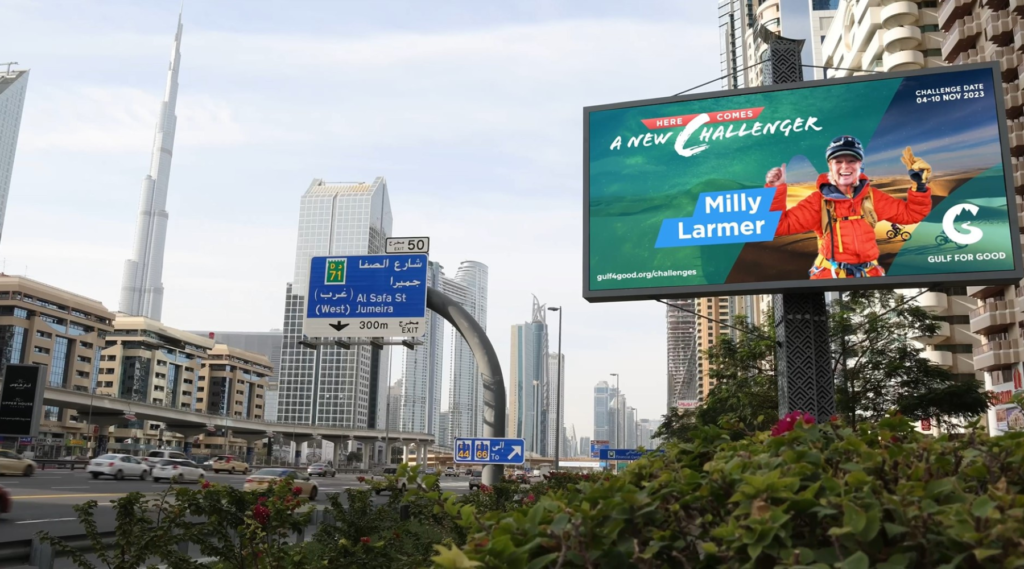 DOOH campaign planning in central Dubai featuring a high-impact digital billboard near major city landmarks