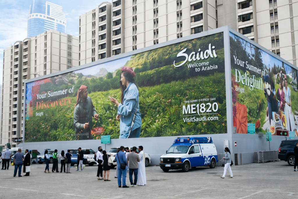 Large outdoor billboard campaign promoting Saudi tourism, showcasing High-Impact Advertising Formats in a busy urban plaza with high pedestrian visibility.