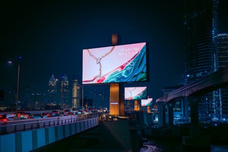 Luxury brand campaign displayed on large-format digital screens along Dubai roads as part of Dubai DOOH screens advertising