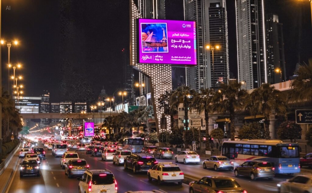 Night-time digital outdoor screen on a major Dubai highway illustrating high-visibility Dubai DOOH screens advertising for tourism promotion