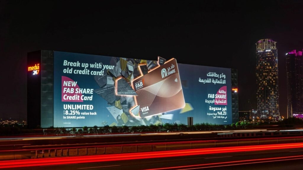 Large-format LED billboard advertising financial services, showcasing high-impact visibility and billboard campaign cost Dubai insights