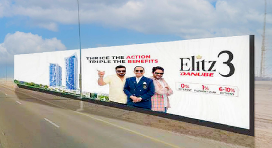 High-impact highway billboard representing outdoor advertising Ras Al Khaimah with lifestyle-focused visuals and long-distance visibility