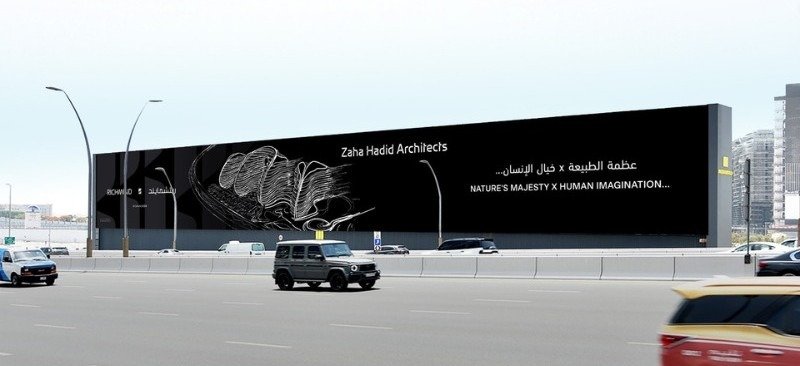 Architectural firm branding displayed on a long-format roadside billboard, showcasing High-Impact Advertising Formats across multi-lane roads.