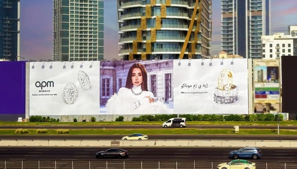 Luxury jewellery brand hoarding installed along a major expressway, using High-Impact Advertising Formats to attract fast-moving traffic.