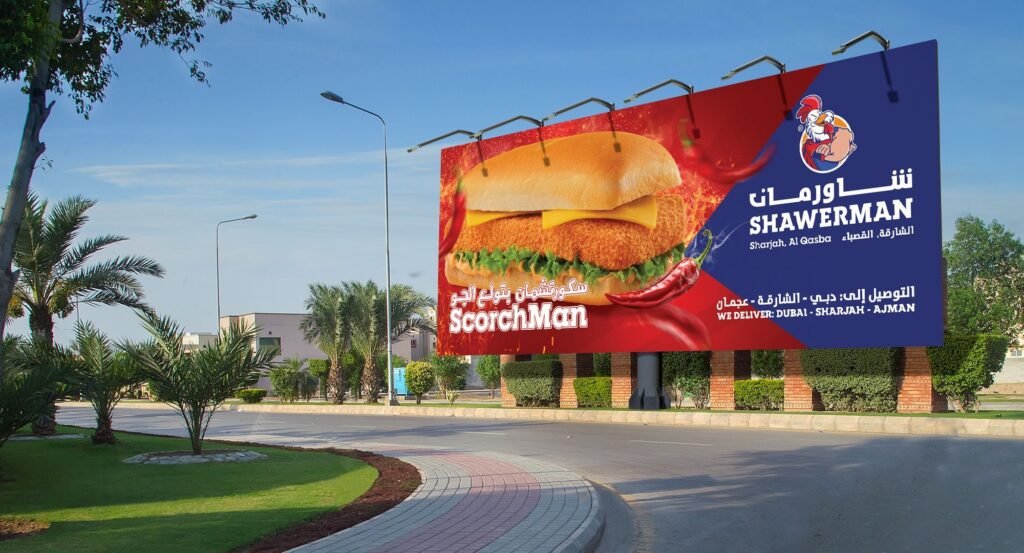 Food brand outdoor billboard with bold visuals and bilingual messaging, representing High-Impact Advertising Formats in landscaped urban surroundings