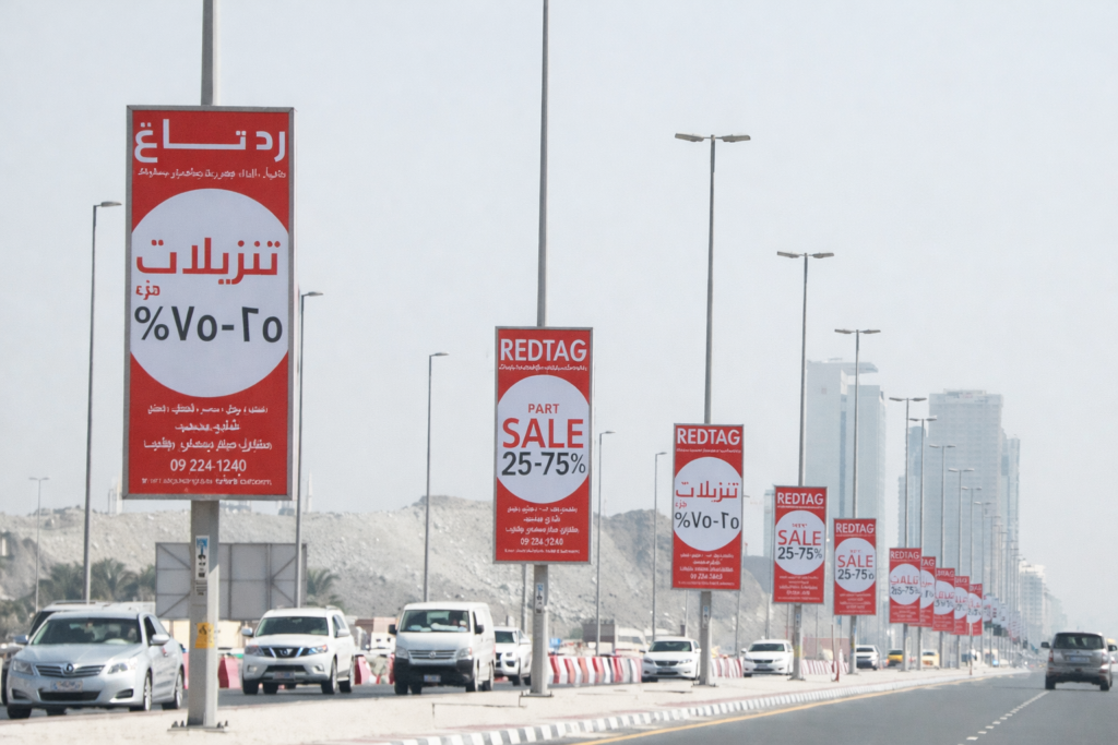 Row of vertical lamp post banners advertising retail sale along wide urban road with passing vehicles